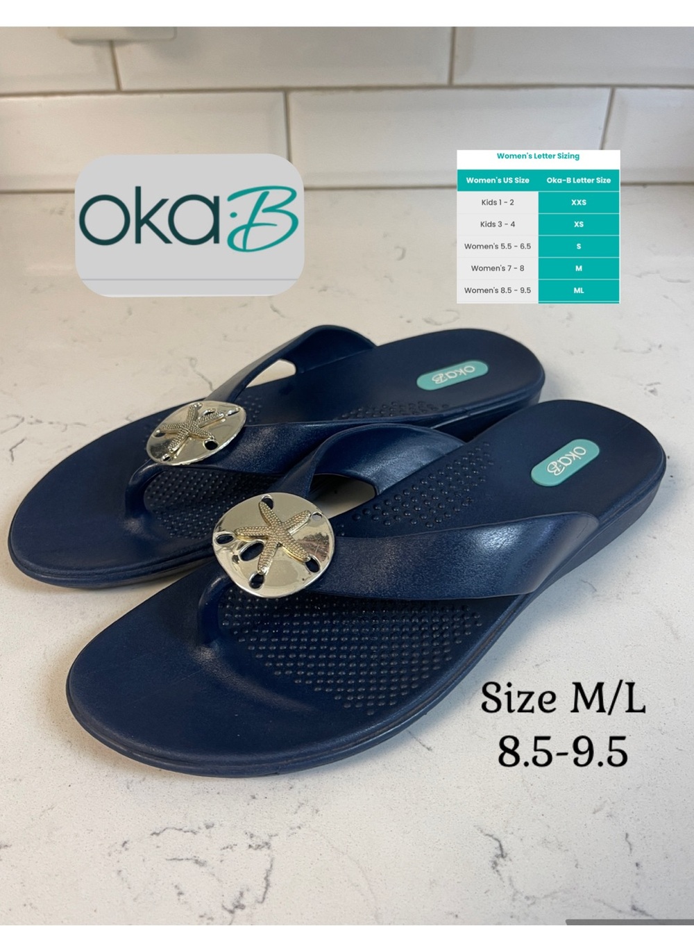 Okab Sandy Flip Flops Navy Sandals with Silvertone Sandollar Accent Women's M/L